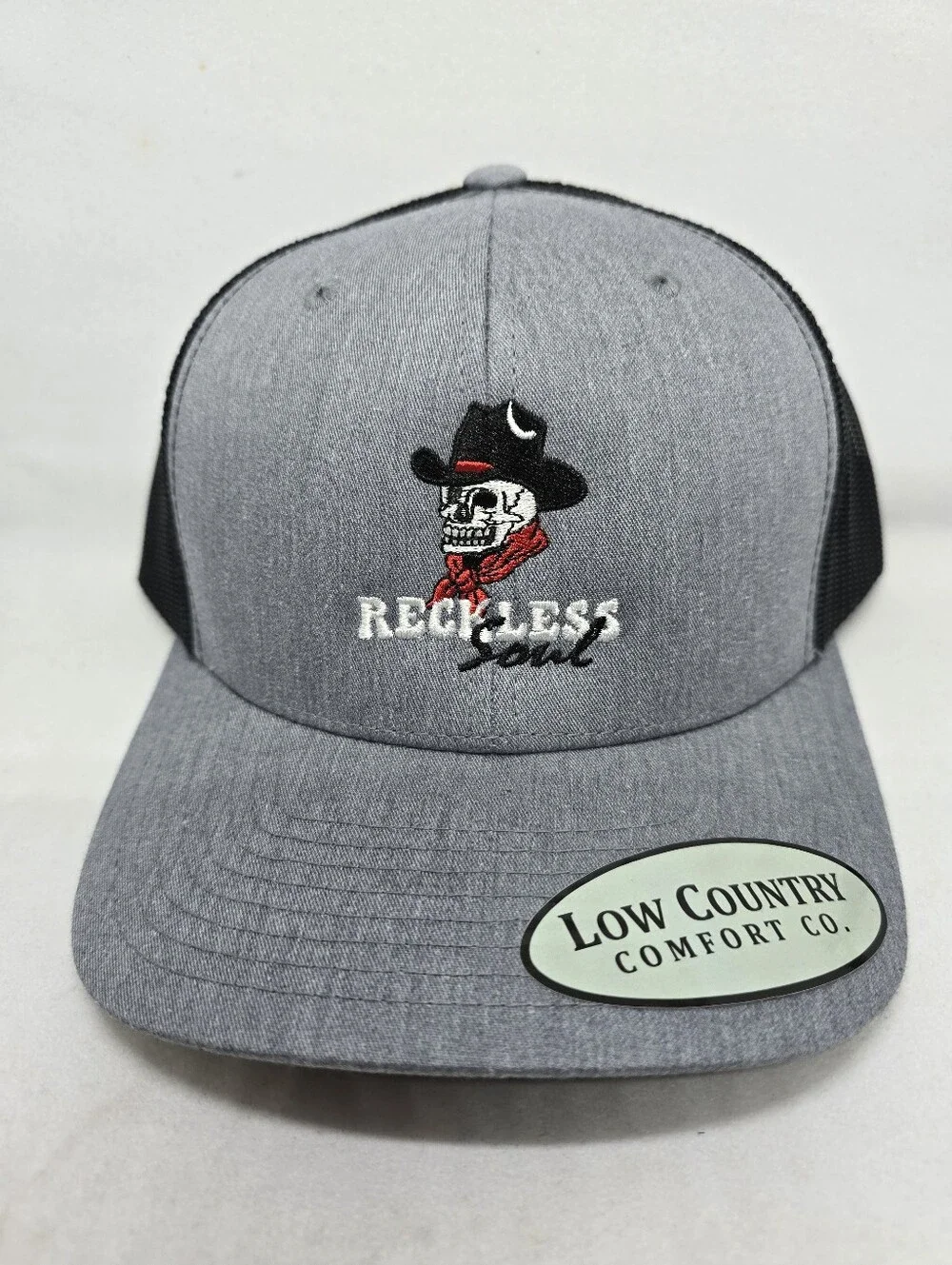 🤠💀 Reckless Soul Cowboy Skull Trucker Hat | Low Country Comfort Co HeatherGray